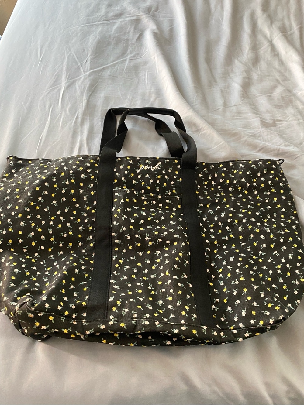 PINK Victoria's Secret Black Floral Tote with Yellow & White Daisies